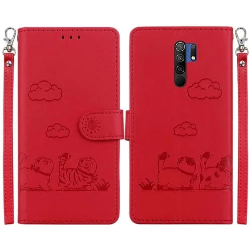 Funda de Cuero Rfid con Diseño de Gatos para Redmi 9/9 Prime (Roja)