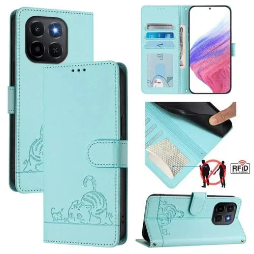 Funda de cuero RFID con estampado de gato y rata para Honor X6c 4G con cordón (verde menta)
