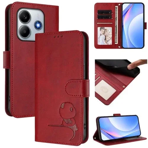 Funda de cuero RFID con estampado de panda para Redmi Note 14 4G (164,84 mm) con cordón (rojo vino)
