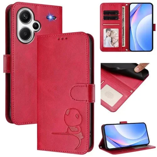 Funda de cuero RFID con estampado de panda y cordón para Redmi Note 13 Pro+ 5G (rosa)