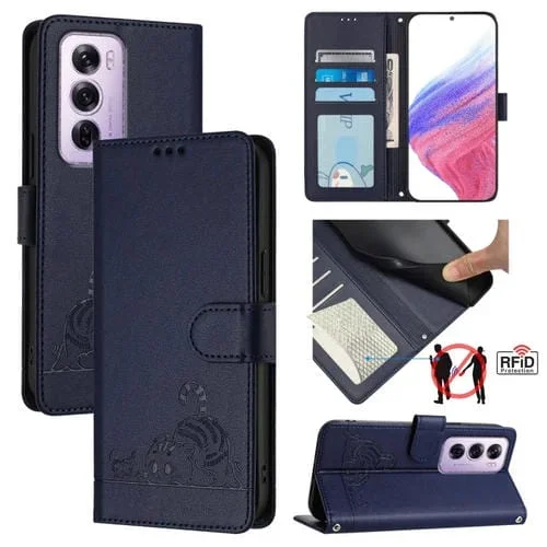 Funda de Cuero Rfid con Estampado de Rata y Gato para Oppo Reno12 Pro Global con Cordón (Azul)