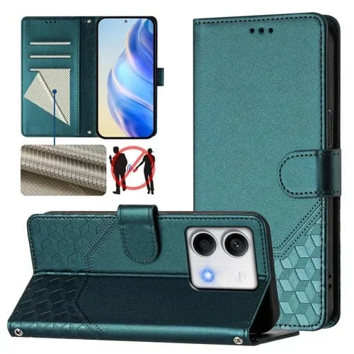 Funda de Cuero Rfid con Relieve de Panal Global para Redmi Note 13 5G (Verde Pavo Real)