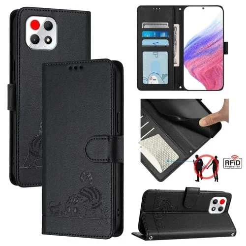 Funda de Cuero Rfid con Relieve de Rata y Gato para T-Mobile Revvl 7 5G con Cordón (Negro)