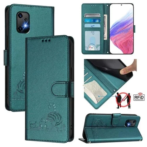 Funda de Cuero Rfid con Relieve de Rata y Gato para Umidigi Bison X20 con Cordón (Verde Pavo Real)