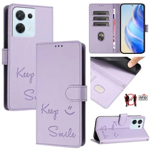 Funda de Cuero Rfid con Relieve de Sonrisa Global para Oppo Reno8 5G (Morado Claro)
