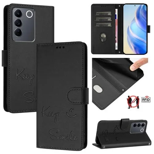 Funda de Cuero Rfid con Relieve de Sonrisa Global para Vivo T2 4G (Negra)