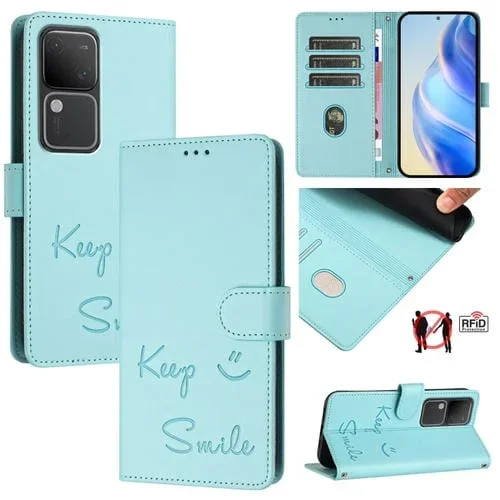 Funda de Cuero Rfid con Relieve de Sonrisa Global para Vivo V30 Pro 5G (Verde Menta)