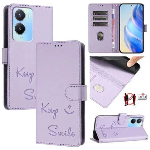 Funda de Cuero Rfid con Relieve de Sonrisa Global para Vivo Y02S 4G (Morado Claro)
