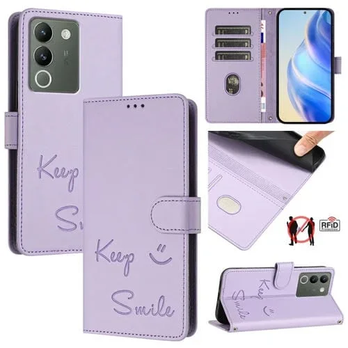 Funda de Cuero Rfid con Relieve de Sonrisa Global para Vivo Y200 5G (Morado Claro)