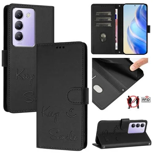 Funda de Cuero Rfid con Relieve de Sonrisa Global para Vivo Y200E 5G (Negra)