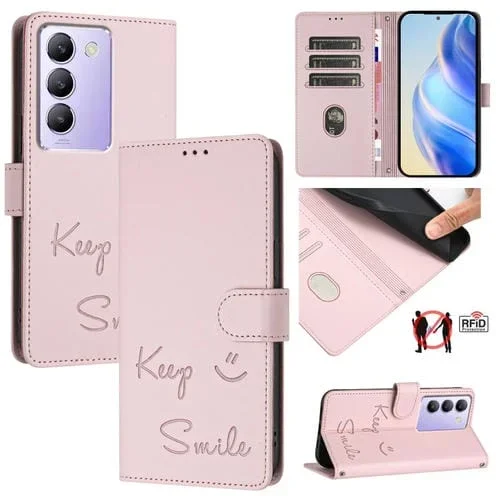 Funda de Cuero Rfid con Relieve de Sonrisa Global para Vivo Y200E 5G (Rosa)