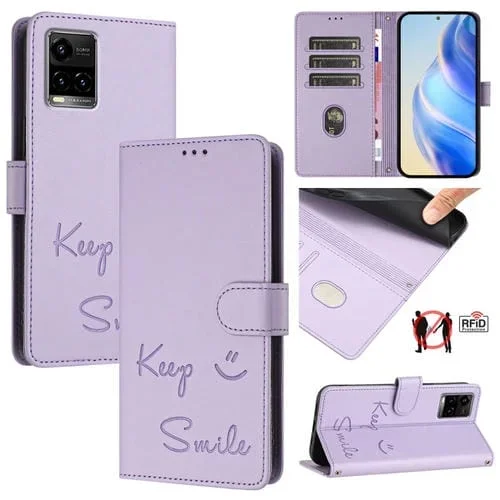 Funda de Cuero Rfid con Relieve de Sonrisa Global para Vivo Y33S 4G (Morado Claro)