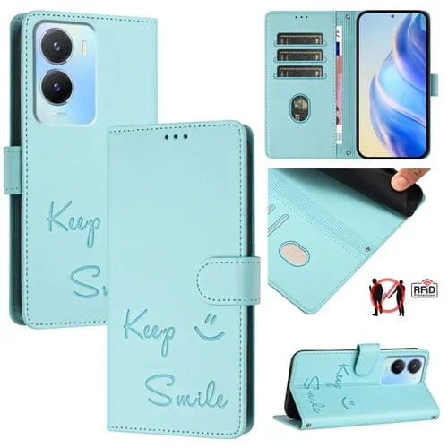 Funda de Cuero Rfid con Relieve de Sonrisa Global para Vivo Y56 5G (Verde Menta)