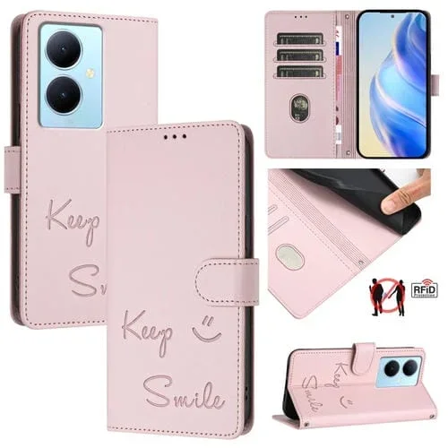 Funda de Cuero Rfid con Relieve de Sonrisa Global para Vivo Y78+ 5G (Rosa)