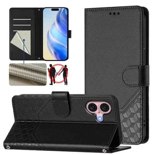 Funda de Cuero Rfid con Relieve en Panal para iPhone 16 (Negra)