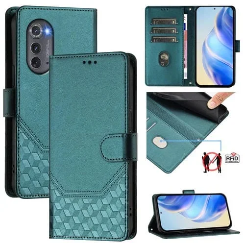 Funda de Cuero Rfid con Relieve en Panal para Motorola Edge 2022 / Edge 5G Uw 2022 (Verde Pavo Real)