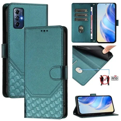 Funda de Cuero Rfid con Relieve en Panal para Motorola Moto G Play (2022) (Verde Pavo Real)