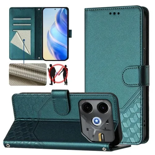 Funda de Cuero Rfid con Relieve en Panal para Tecno Pova 6 Neo (Verde Pavo Real)