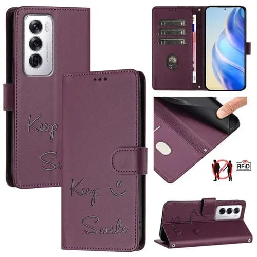 Funda de Cuero Rfid con Relieve Smile para Oppo Reno12 Global (Violeta)