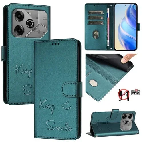Funda de Cuero Rfid con Relieve Smile para Tecno Pova 6 Neo (Verde Pavo Real)