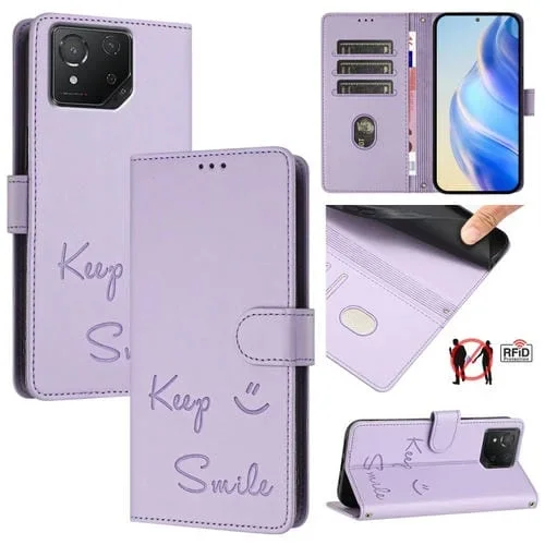 Funda de Cuero Rfid con Relieve Sonriente para Asus Rog Phone 8/8 Pro (Morado Claro)