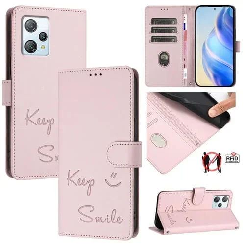Funda de Cuero Rfid con Relieve Sonriente para BlackView A53 (Rosa)