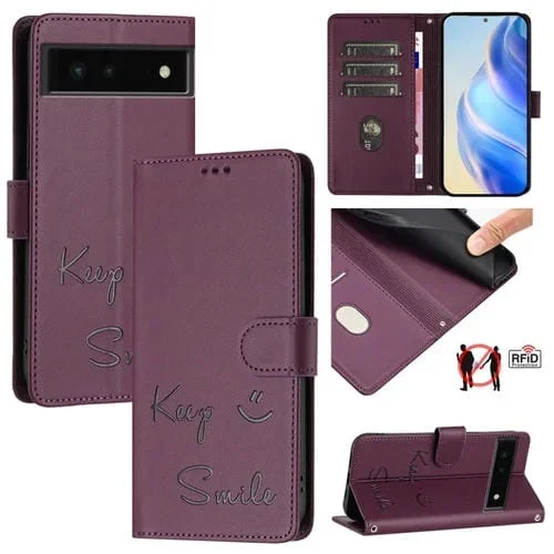 Funda de Cuero Rfid con Relieve Sonriente para Google Pixel 6 (Violeta)
