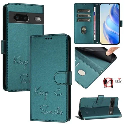 Funda de Cuero Rfid con Relieve Sonriente para Google Pixel 7 (Verde Pavo Real)