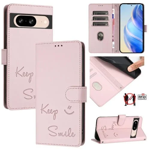 Funda de Cuero Rfid con Relieve Sonriente para Google Pixel 8 (Rosa)