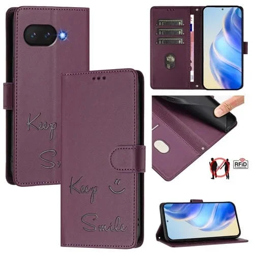 Funda de Cuero Rfid con Relieve Sonriente para Google Pixel 9A (Violeta)