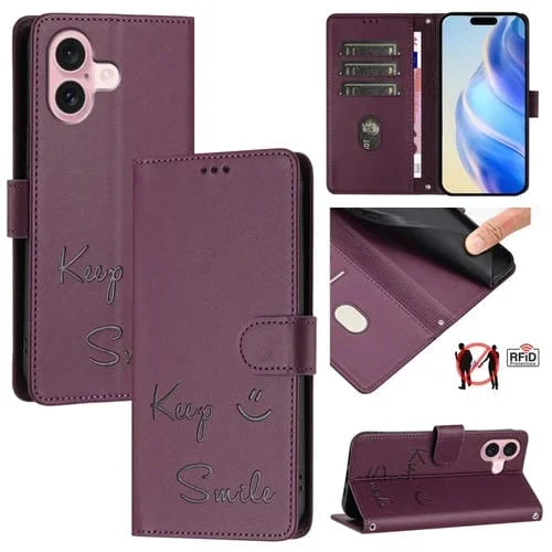 Funda de Cuero Rfid con Relieve Sonriente para iPhone 16 (Violeta)