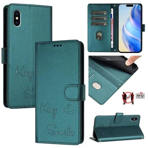 Funda de Cuero Rfid con Relieve Sonriente para iPhone X/Xs (Verde Pavo Real)