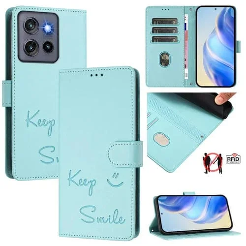 Funda de Cuero RFID con Relieve Sonriente para Motorola Moto G Stylus 5G (2025) (Verde Menta)