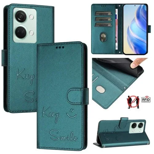 Funda de Cuero Rfid con Relieve Sonriente para OnePlus Ace 2V y Nord 3 (Verde Pavo Real)