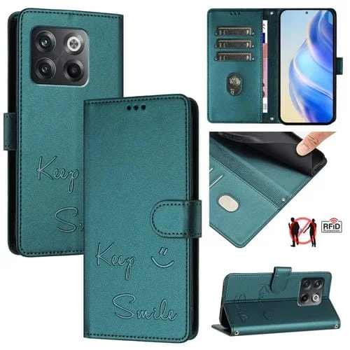 Funda de Cuero Rfid con Relieve Sonriente para OnePlus Ace Pro/10T (Verde Pavo Real)