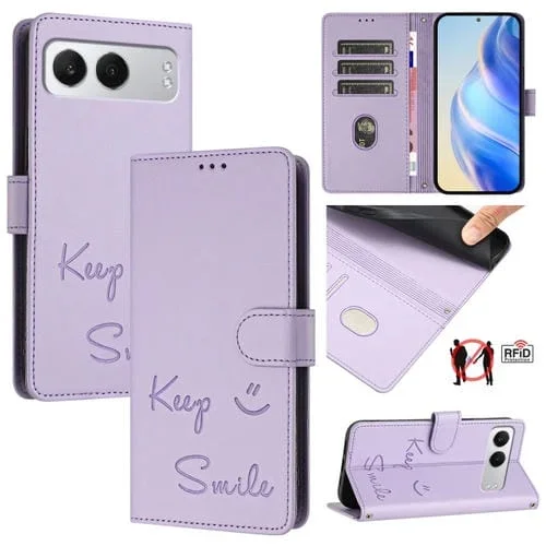Funda de Cuero Rfid con Relieve Sonriente para OnePlus Nord 4 5G (Morado Claro)