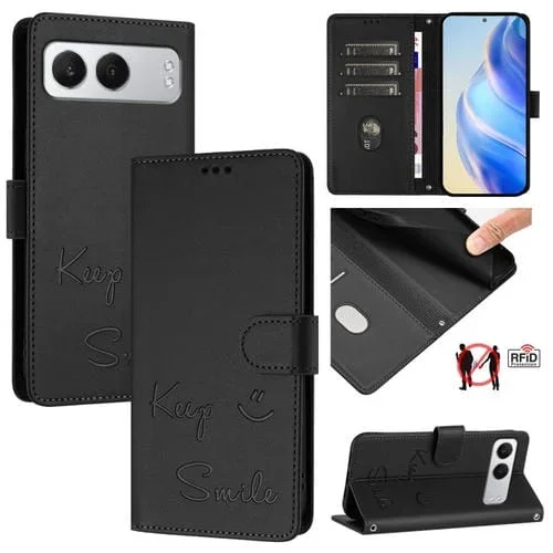 Funda de Cuero Rfid con Relieve Sonriente para OnePlus Nord 4 5G (Negra)