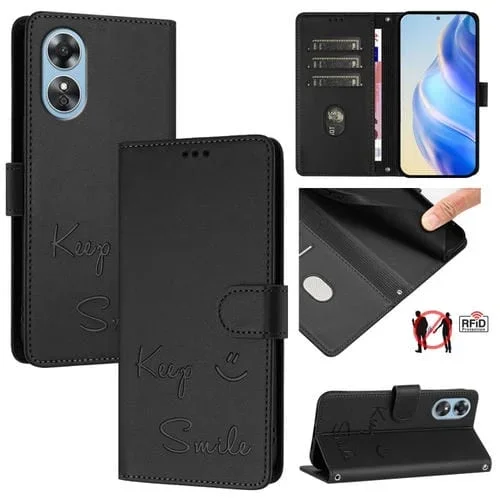 Funda de Cuero Rfid con Relieve Sonriente para Oppo A17 4G Global/A17K (Negra)