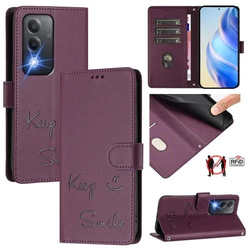Funda de Cuero Rfid con Relieve Sonriente para Oppo A80 5G Eu (Violeta)