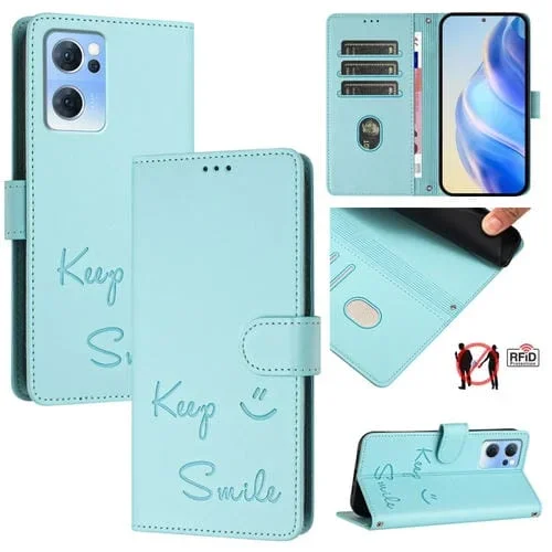 Funda de Cuero Rfid con Relieve Sonriente para Oppo Find X5 Lite (Verde Menta)