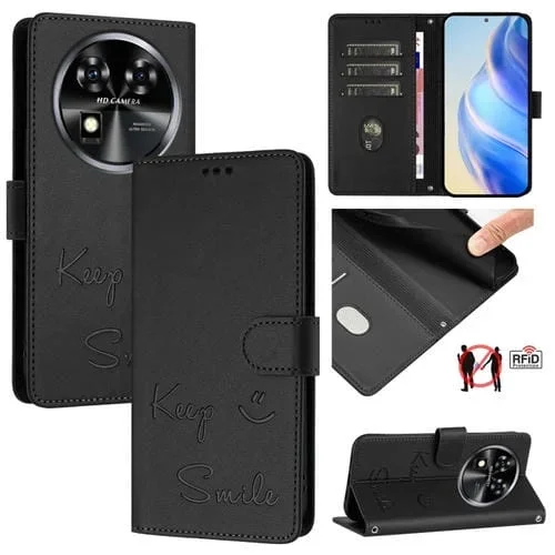 Funda de Cuero Rfid con Relieve Sonriente para Oukitel C37 (Negra)