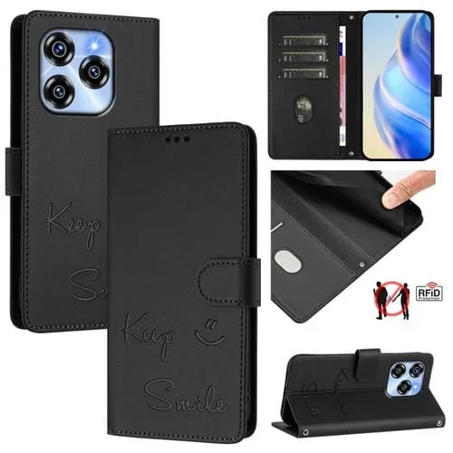 Funda de Cuero Rfid con Relieve Sonriente para Oukitel C50 (Negra)