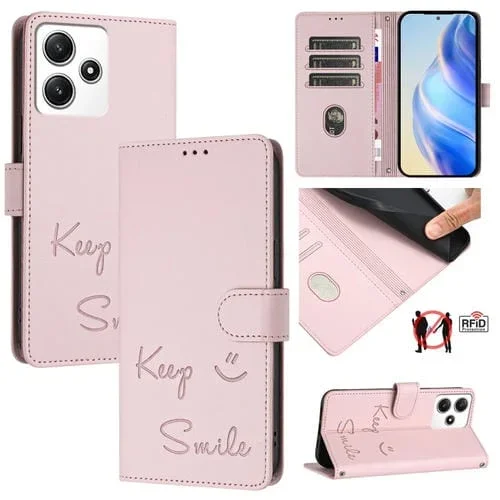 Funda de Cuero Rfid con Relieve Sonriente para Redmi 12 4G Global/India (Rosa)