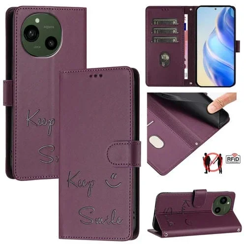 Funda de Cuero Rfid con Relieve Sonriente para Sharp Aquos R9 (Violeta)