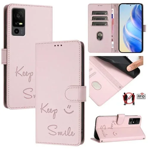 Funda de Cuero Rfid con Relieve Sonriente para TCL 40 R 5G (Rosa)