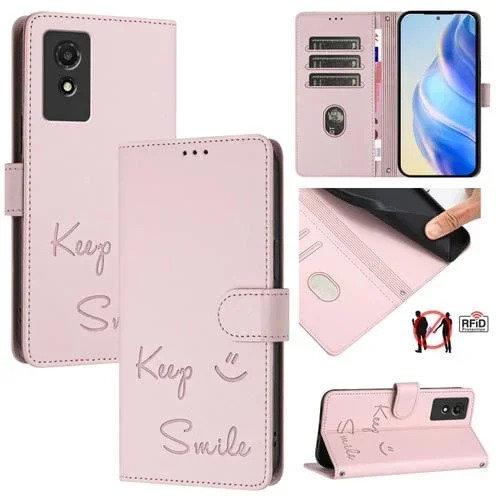 Funda de Cuero Rfid con Relieve Sonriente para TCL 501 (Rosa)