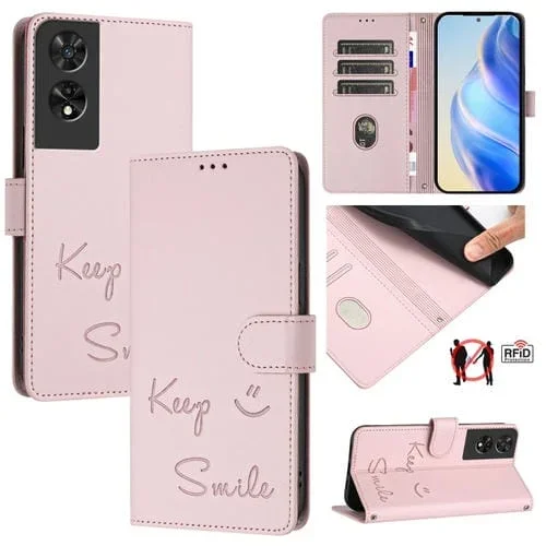 Funda de Cuero Rfid con Relieve Sonriente para TCL 505 (Rosa)