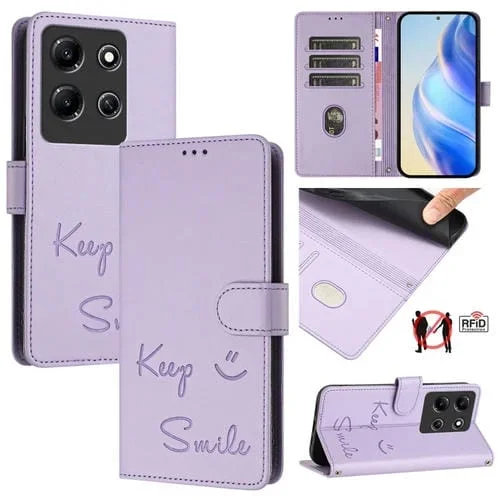Funda de Cuero Rfid con Relieve Sonriente para Teléfono Infinix Note 30I (Morado Claro)