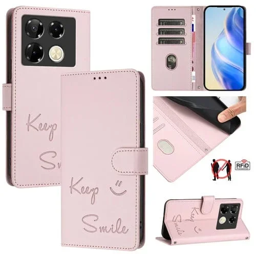 Funda de Cuero Rfid con Relieve Sonriente para Teléfono Infinix Note 40 Pro 5G X6851 (Rosa)