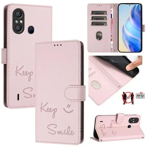 Funda de Cuero Rfid con Relieve Sonriente para Teléfono Itel A58/A49 (Rosa)